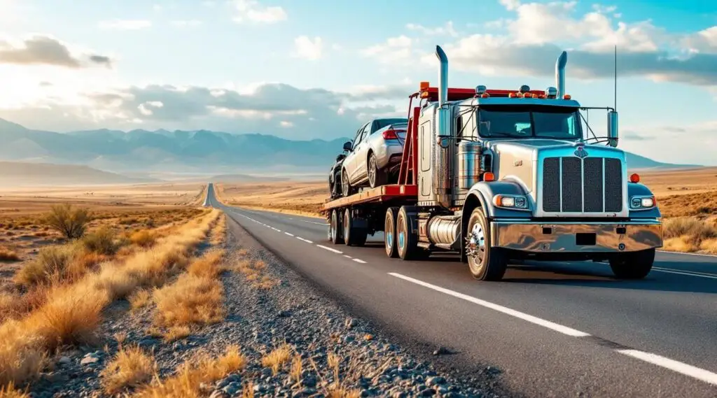 A professional Snappy Towing flatbed truck hauling a luxury SUV on a long highway stretch outside of Mansfield at dawn.