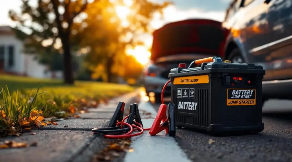 A Snappy Towing technician using a professional booster pack to jump start a car in Mansfield.