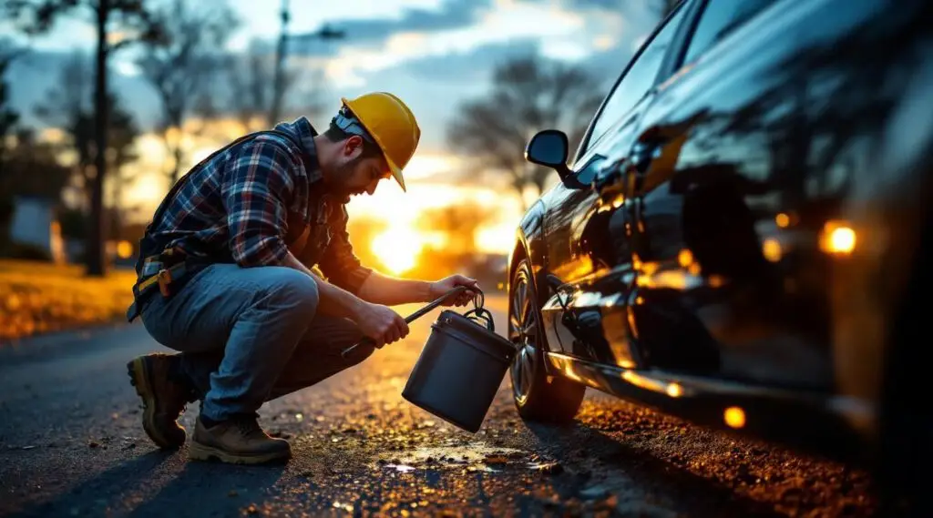 A professional Snappy Towing technician using specialized lockout tools to safely unlock a sedan in Mansfield at dusk.