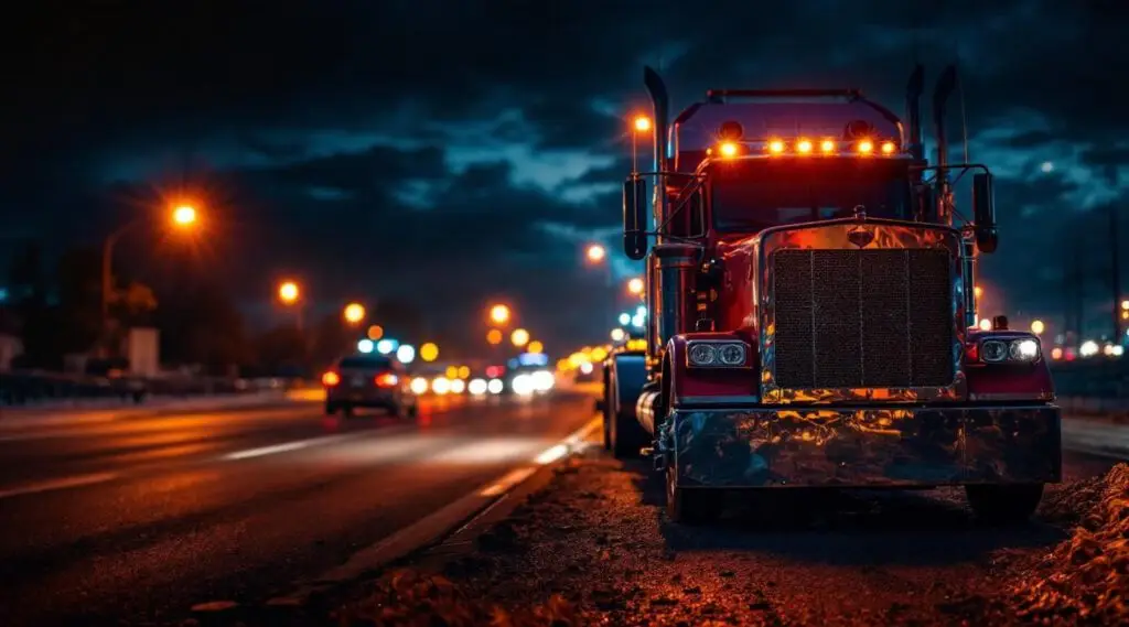 A Snappy Towing flatbed truck with amber safety lights assisting a disabled vehicle on the Lynnway at night in Mansfield.
