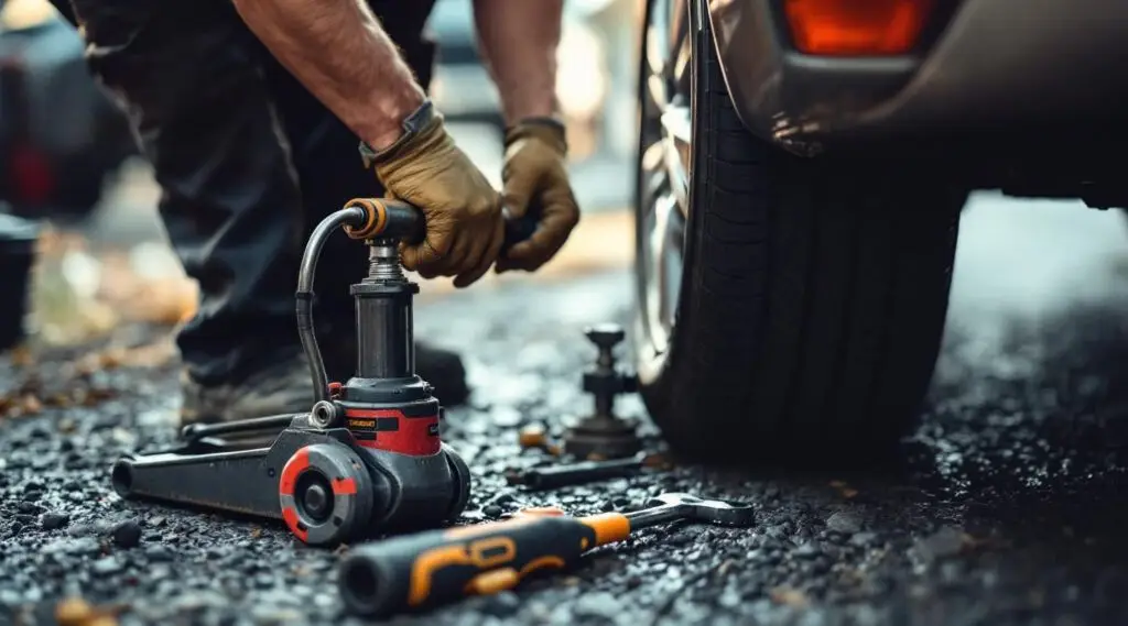 A professional Snappy Towing technician using a floor jack to change a flat tire on a busy Mansfield roadside at dusk.