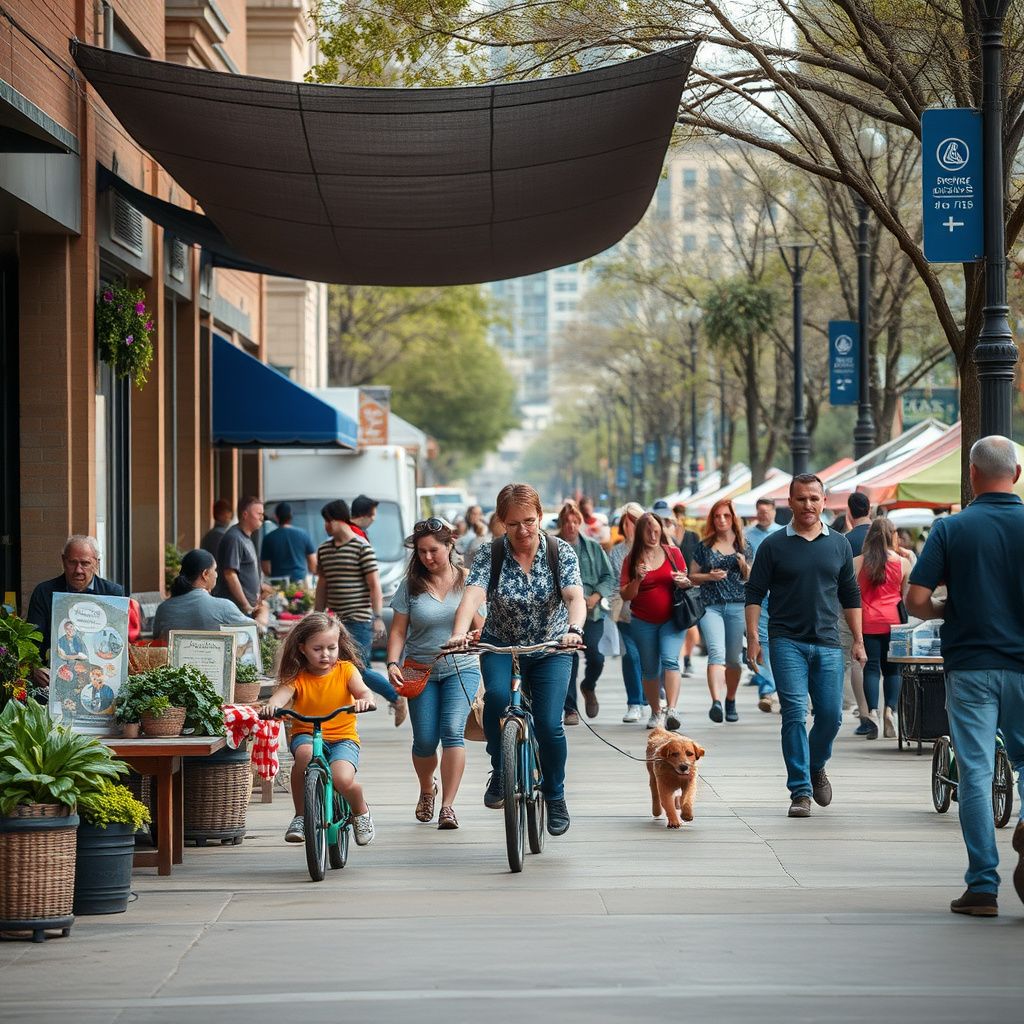 A wide shot of a bustling commercial street in Hurst, Texas, with modern storefronts, cars driving, and mature trees lining the sidewalks under a bright Texas sky.