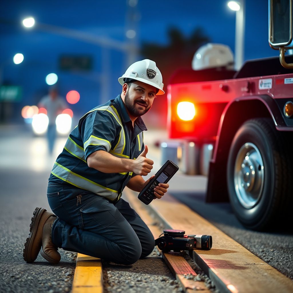 A Snappy Towing technician in uniform, smiling and giving a thumbs up next to a tow truck on a sunny day in Mansfield, Texas.