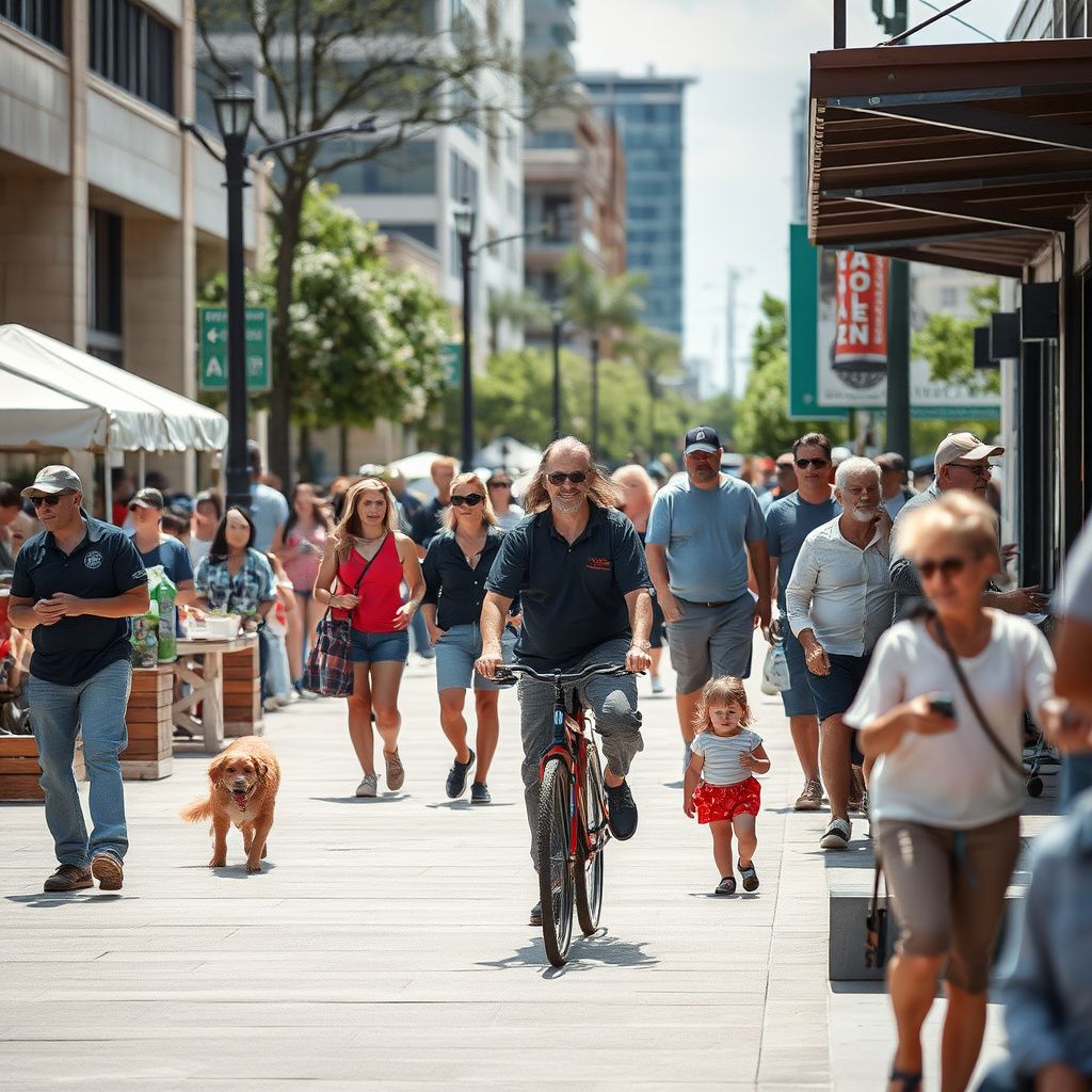 A vibrant community event at Keller Town Center, with families enjoying an outdoor market on a sunny afternoon, showcasing Keller's lively atmosphere.