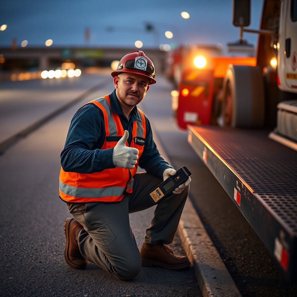 A professional tow truck operator in a Snappy Towing uniform, giving a reassuring thumbs-up next to a flatbed truck in a Hurst, Texas, neighborhood.