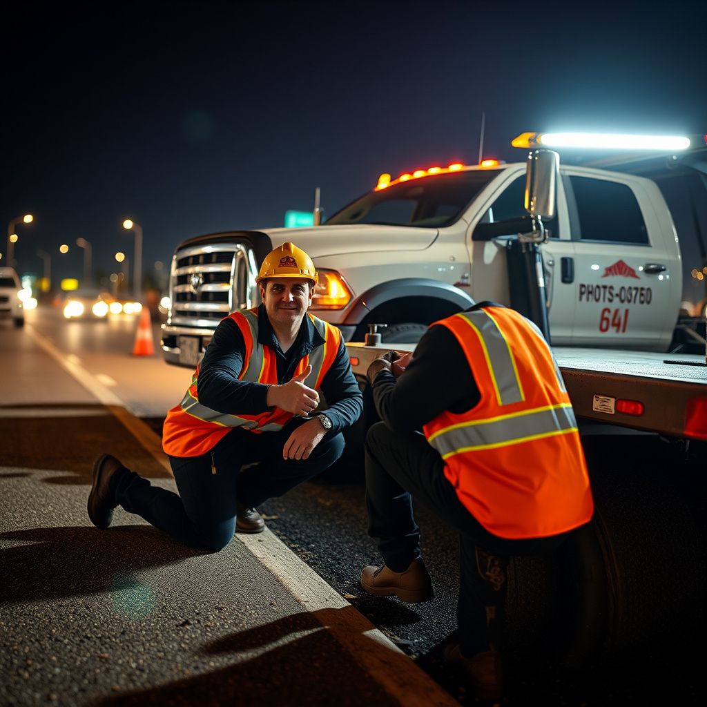 A Snappy Towing tow truck with its lights flashing, assisting a car on the shoulder of a highway in Arlington, Texas, with city lights in the distance.