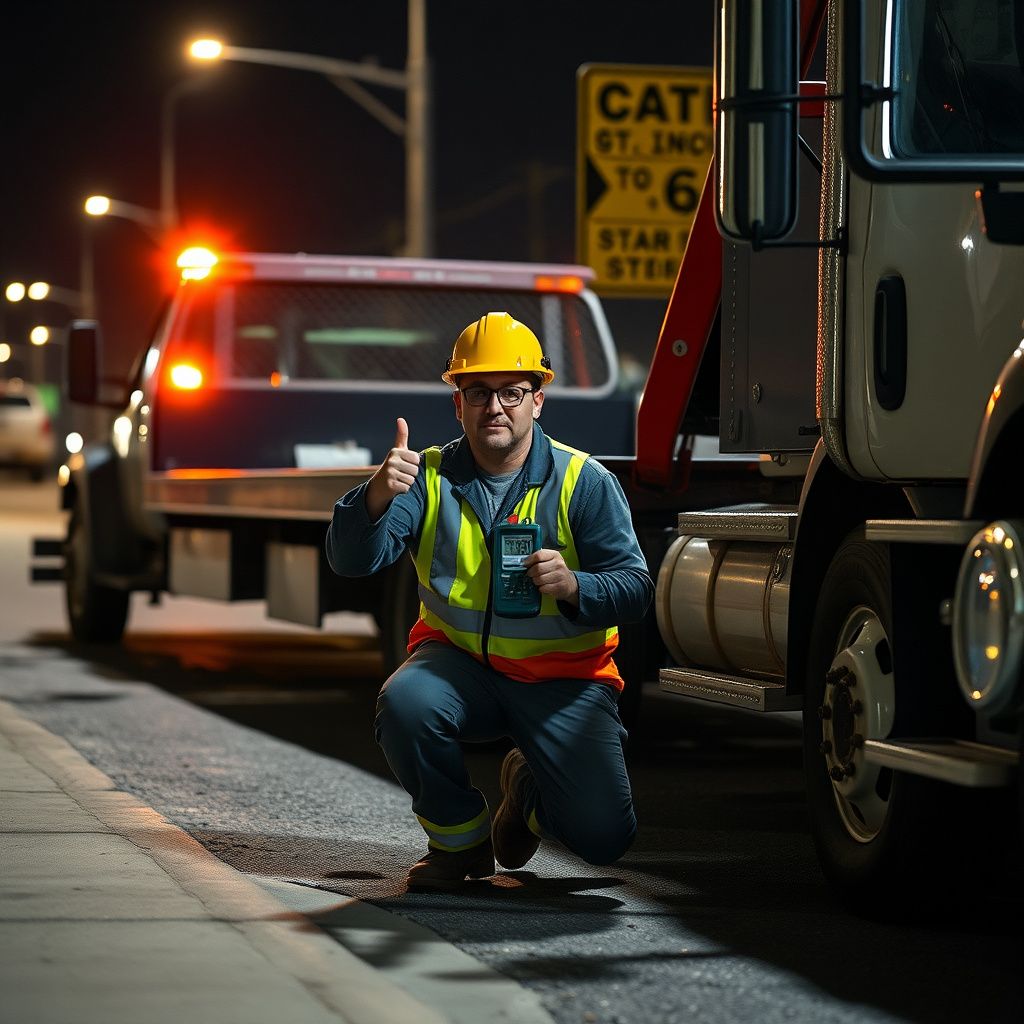 Tow truck driver assisting a motorist with a tire change on the shoulder of a road in Euless, Texas.